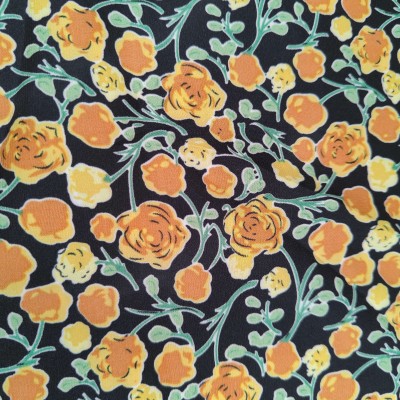 Silky Satin Printed Fabric - Black With Orange Roses