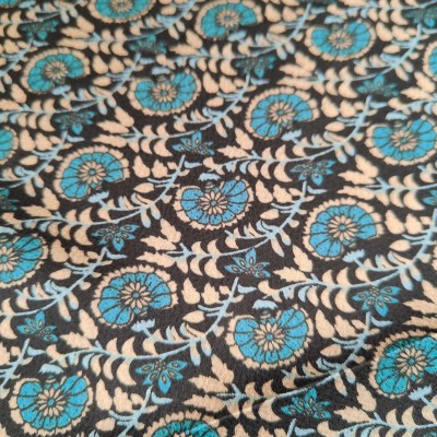 Silky Satin Printed Fabric - Black With Blue Flowers