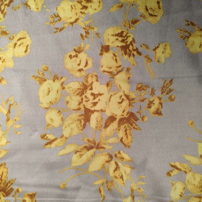 Silky Satin Printed Fabric - Taupe with Yellow Flowers