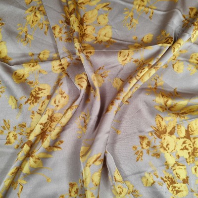 Silky Satin Printed Fabric - Taupe with Yello