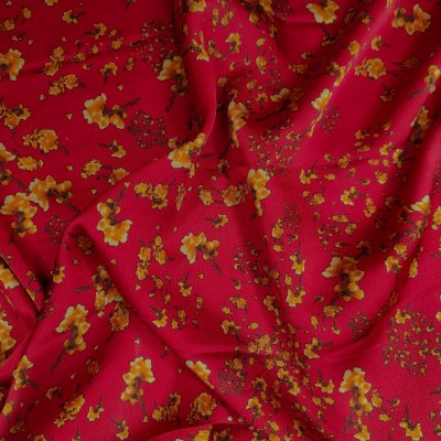 Silky Satin Printed Fabric - Small Floral Print - Red