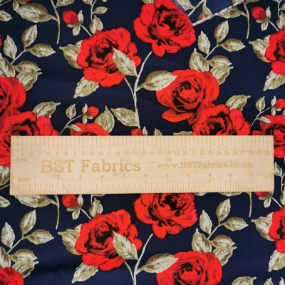 100% Cotton Poplin Fabric - Red Roses on Navy