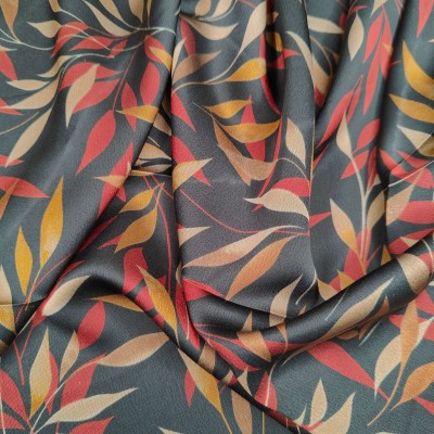 Silky Satin Printed Fabric - Coloured Leaves On Black