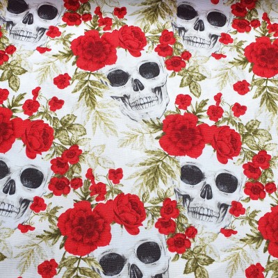 100% Cotton Poplin Fabric Skulls & Roses - Wh
