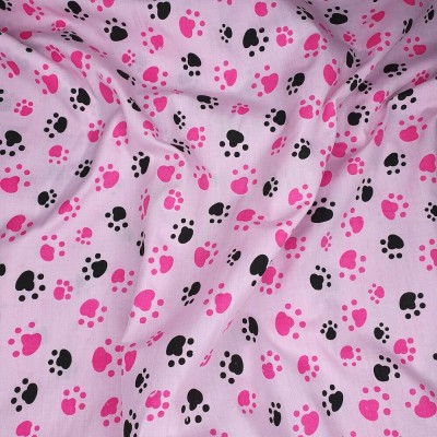 Polycotton Printed Fabric Paws - Pink with Bl