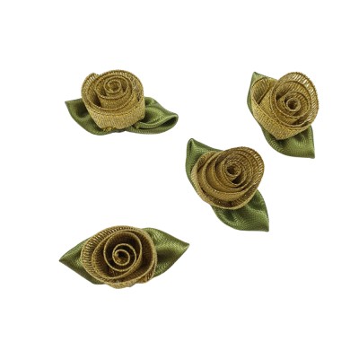 Large Lurex Ribbon Roses with Leaf - Gold