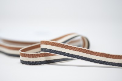 Woven Cotton Ribbon 15mm - Taupe Natural Navy