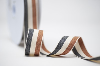 Woven Cotton Ribbon 25mm - Taupe Natural Navy