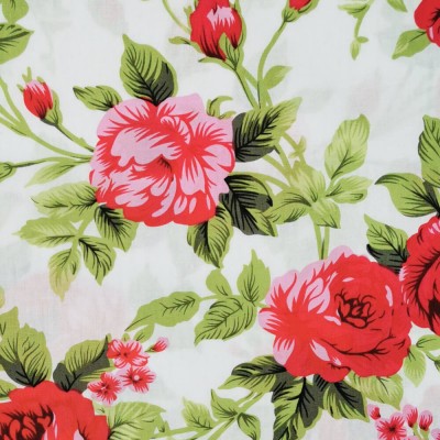 100% Cotton Poplin Fabric - Pink Roses on Whi