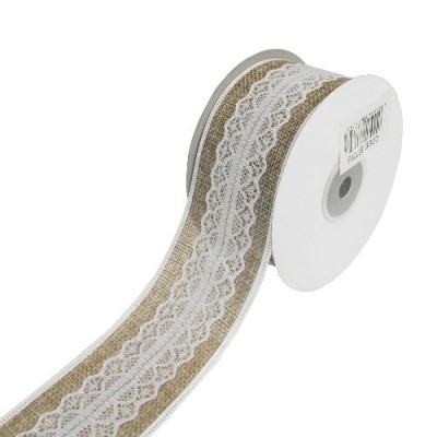 Hessian & Lace Woven Edge Ribbon - 50mm Natural / White **FULL ROLL**