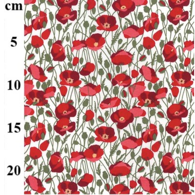 100% Cotton Print Fabric - White with Red Poppy