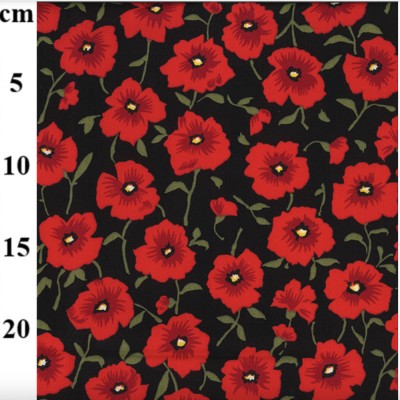 100% Cotton Print Fabric - Black with Red Poppy