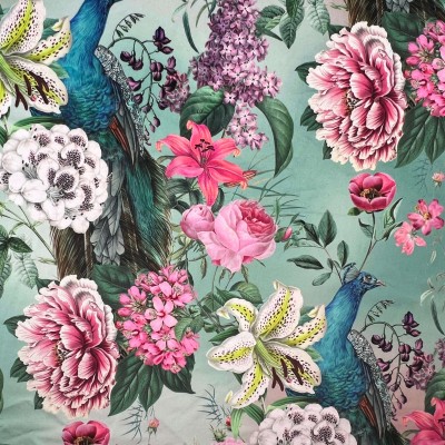 Digital Print Crafty Velvet Fabric - Peacock Blossom Duckegg