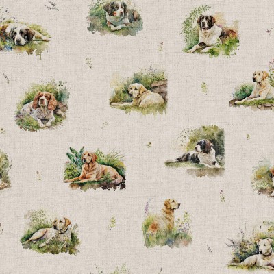 Garden Dogs - Cotton Rich Linen Look Fabric - All Over Design