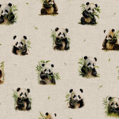 Baby Pandas - Cotton Rich Linen Look Fabric - All Over Design