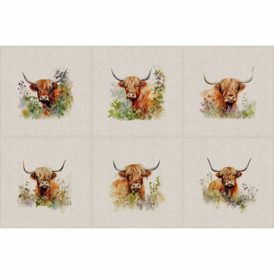 Cotton Mix Fabric - Hedgerow Highland Cow Panels Set of 6