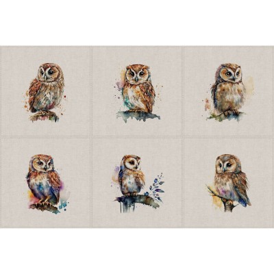 Cotton Rich Linen Look Fabric - Watercolour Owls Panels Set of 6