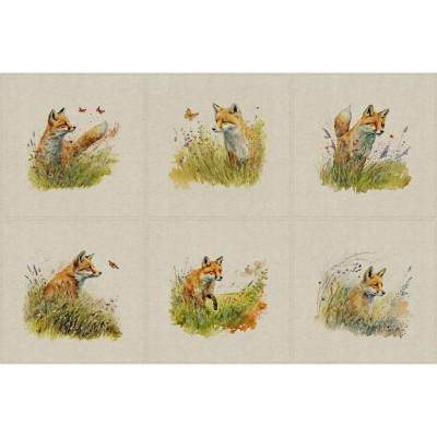 Cotton Rich Linen Look Fabric - Country Foxes Panels Set of 6
