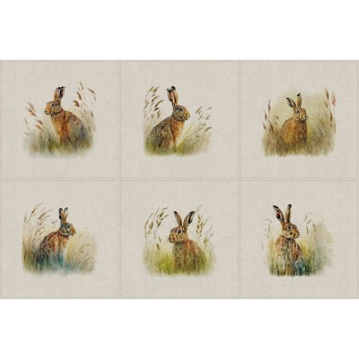 Cotton Rich Linen Look Fabric - Country Hare Panels Set of 6