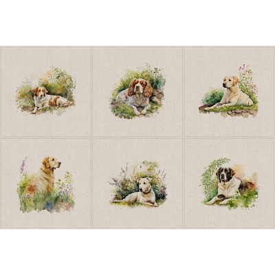 Cotton Rich Linen Look Fabric - Garden Dogs Panels Set of 6