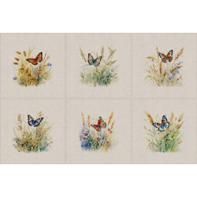 Cotton Rich Linen Look Fabric - Wild Butterflies Panels Set of 6