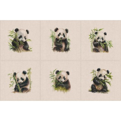 Cotton Rich Linen Look Fabric - Baby Pandas Panels Set of 6