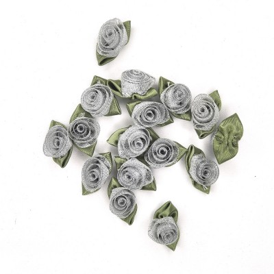 Large Lurex Ribbon Roses with Leaf - Silver