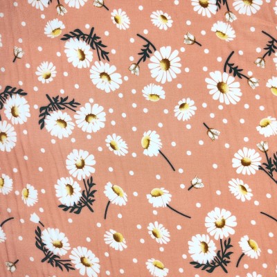 Poly Viscose Fabric - Coral & White Flowers