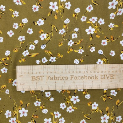 Poly Viscose Fabric - Olive with White & Yell