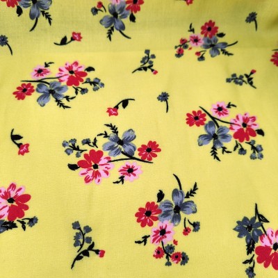 Poly Viscose Fabric - Yellow with Red & Pink 
