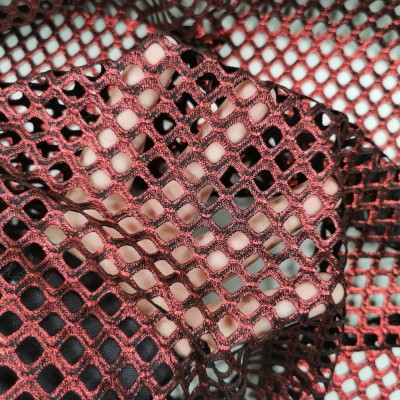 Metallic Fishnet Diamond Mesh Fabric - Red an