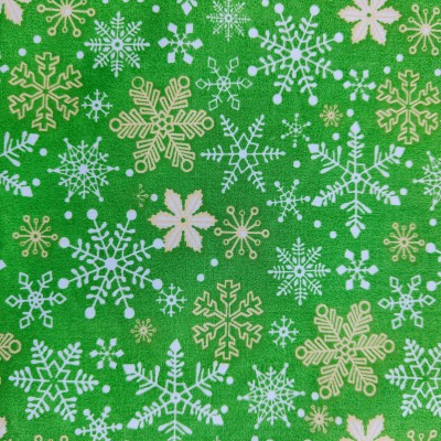 100% Organic Cotton Christmas White Gold Snowflakes Green