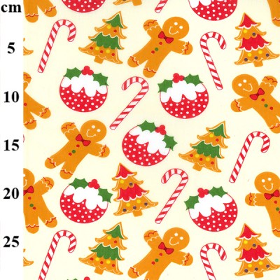 Christmas Polycotton Fabric - Christmas Gingerbread Pudding Cane