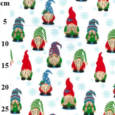 Christmas Polycotton Fabric - Christmas Gonks & Snowflake