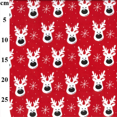 Christmas Polycotton Fabric - Reindeer Face Red