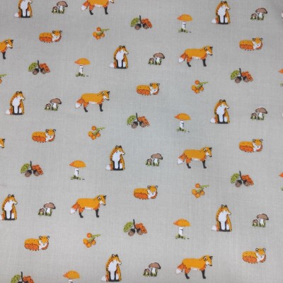 Poly Cotton Fabric Foxes - Silver