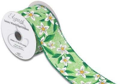 Eleganza Wired Edge - Floral Pattern Green / White Ribbon 63mm