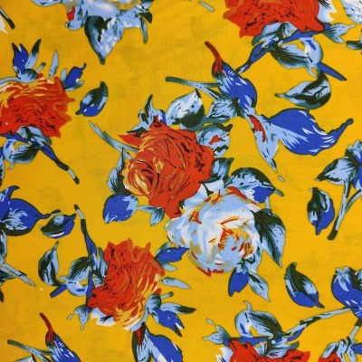 100% Cotton Poplin Fabric - Ochre with Sunset Flowers