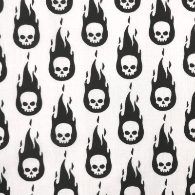 Polycotton Printed Fabric - Flaming Skulls - White
