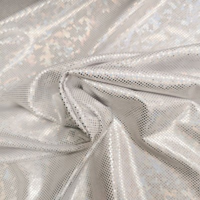 Foil White with Silver Holo Dots Poly Spandex  2 Way Stretch Lycra Fabric
