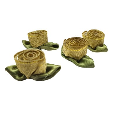 Large Lurex Ribbon Roses with Leaf - Gold