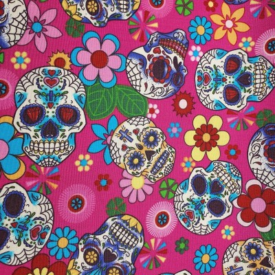 100% Cotton Poplin Fabric Skulls & Flowers - Cerise