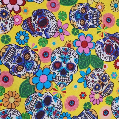 100% Cotton Poplin Fabric Skulls & Flowers - Yellow