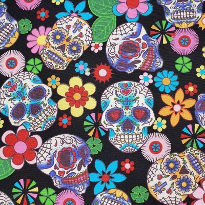 100% Cotton Poplin Fabric Skulls & Flowers - Black
