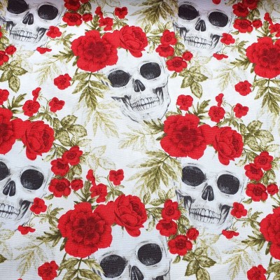 100% Cotton Poplin Fabric Skulls & Roses - White & Red