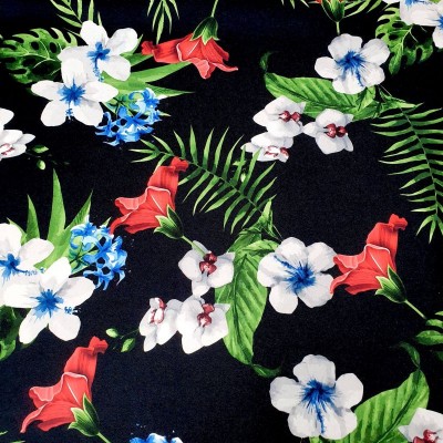 Scuba Polyester Spandex 150cm Black with White and Red Flowers