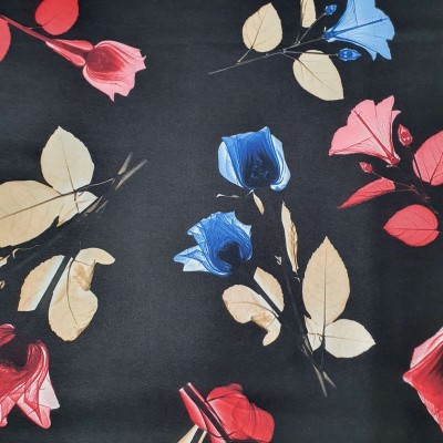 Scuba Polyester Spandex 150cm Black with Blue and Red Flowers