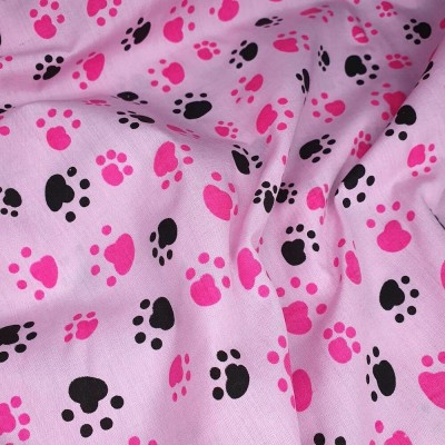 Polycotton Printed Fabric Paws - Pink with Black & Hot Pink Paws
