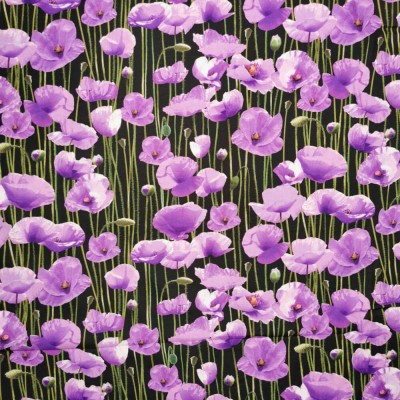 100% Cotton Fabric Print by Nutex - Animals Of War - Purple Poppies on Black