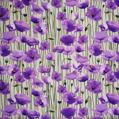 100% Cotton Fabric Print by Nutex - Animals Of War - Purple Poppies on Stone